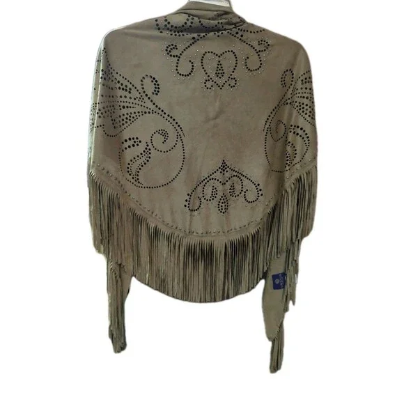 Curations Caravan Tan Faux Suede Laser Cut Fringe Wrap Shawl Studded Boho OS - Picture 12 of 16
